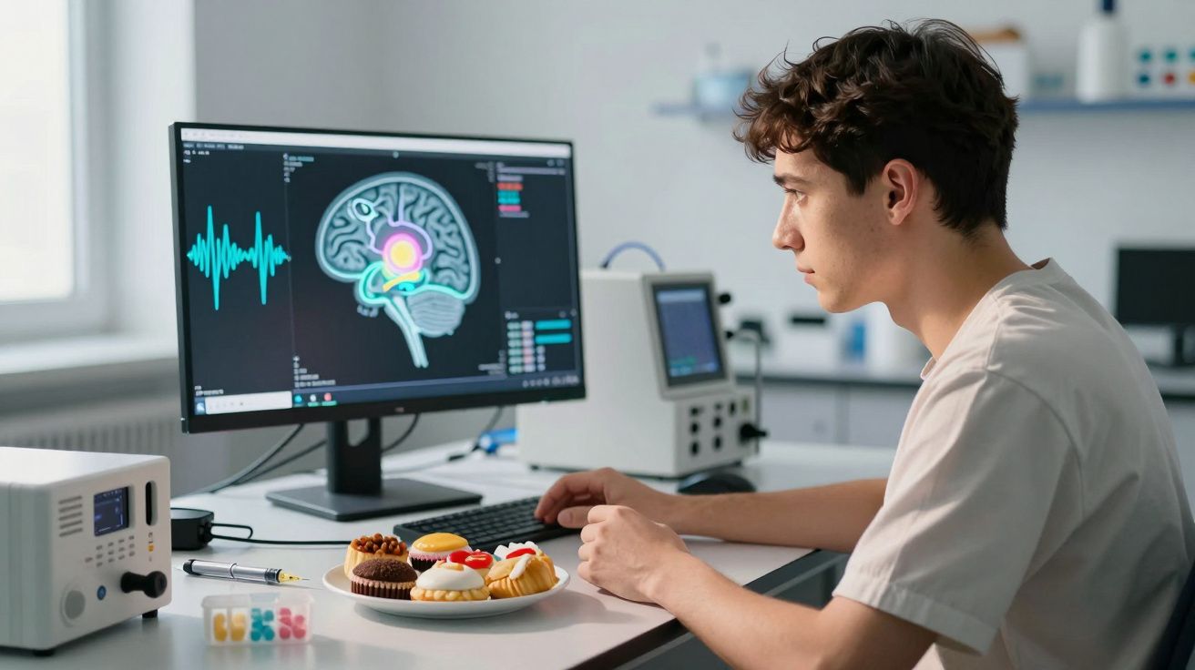 Tânăr doctor analizează activitatea creierului pe ecran, cu deserturi și pastile pe masă.
