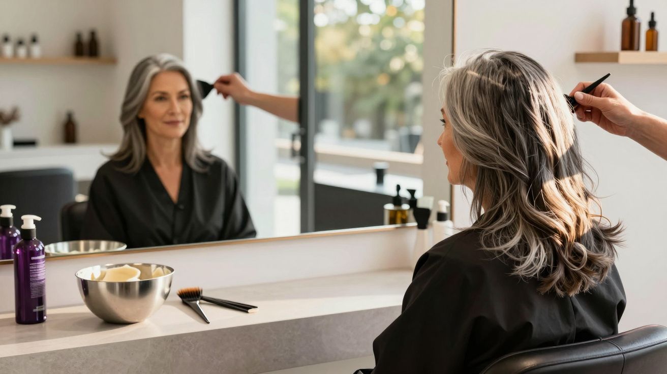 Femeie cu părul cărunt la salon, privind în oglindă în timp ce stilistul îi aranjează părul.