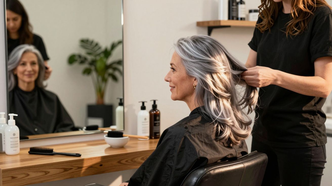 Femeie cu păr gri tuns și aranjat de stilist într-un salon de coafură, reflectată în oglindă.