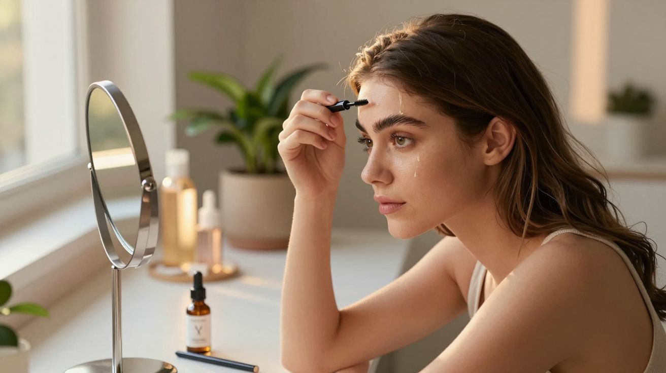 Femeie aplicând rimel pentru sprâncene în fața oglinzii, într-o cameră luminoasă, cu plante pe fundal.