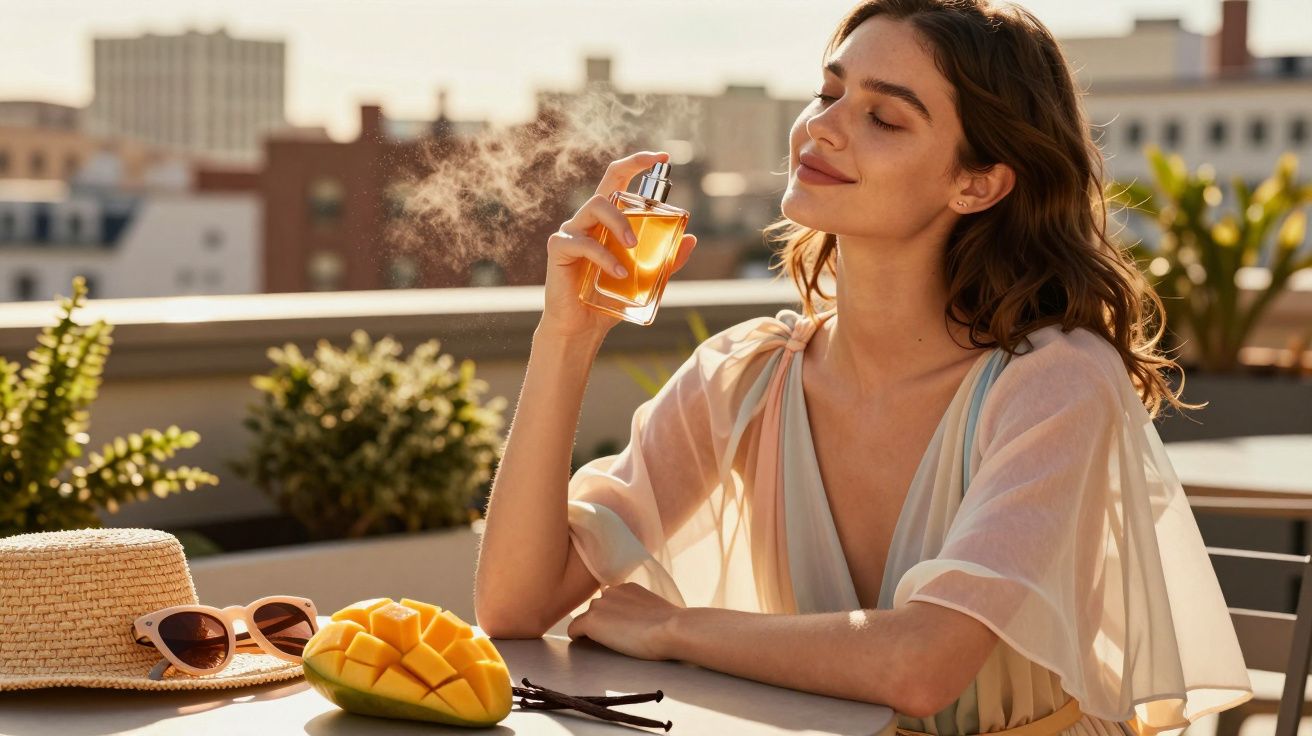 Femeie care pulverizează parfum pe terasă, lângă fruct mango tăiat și o pălărie cu ochelari de soare.