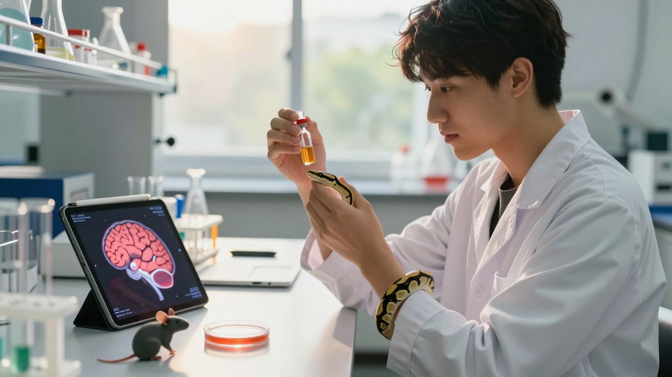 Tânăr cercetător în halat alb studiază un șarpe ținut pe braț și analizează un lichid galben într-un laborator.