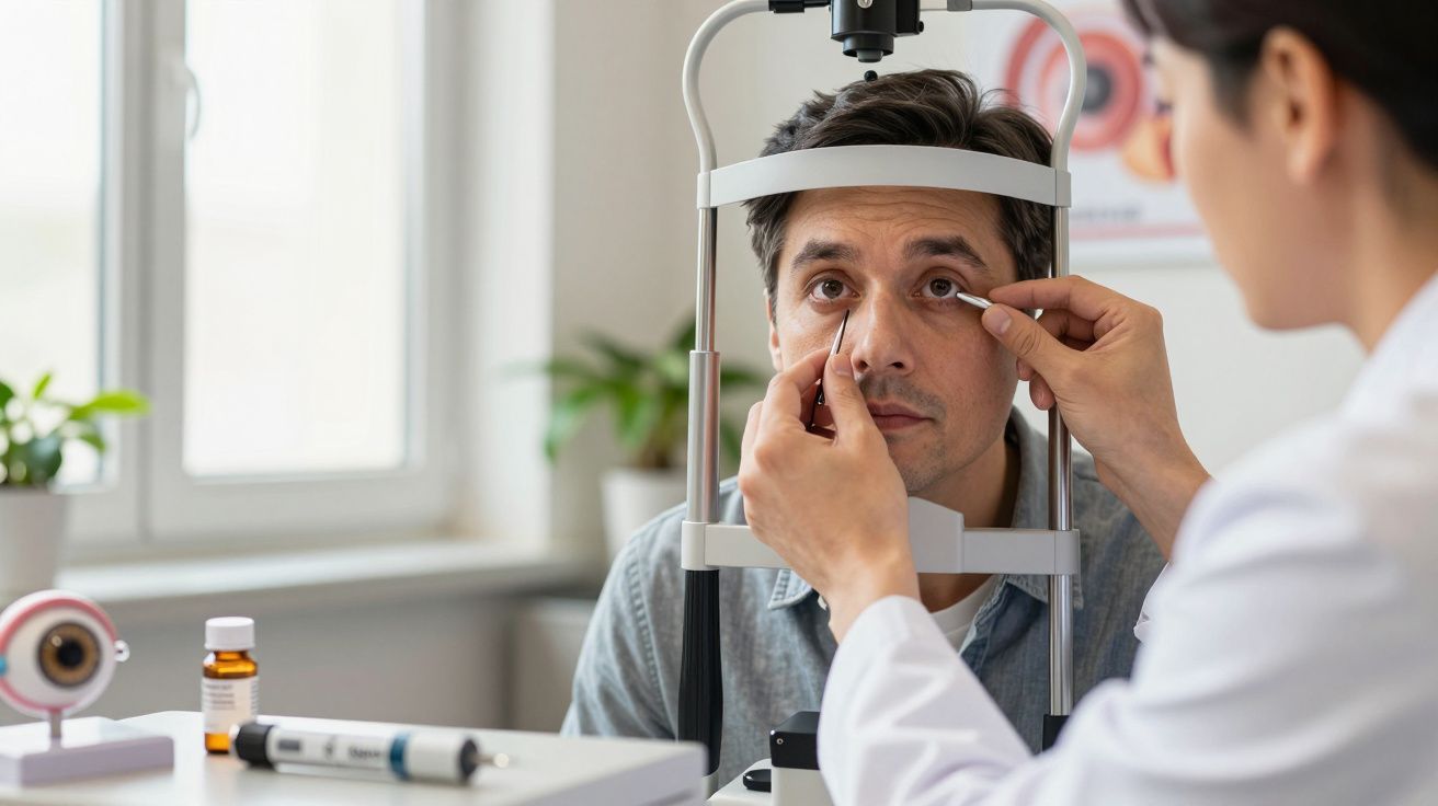 Medic oftalmolog examinează ochiul unui bărbat folosind un instrument oftalmologic specializat în cabinet.