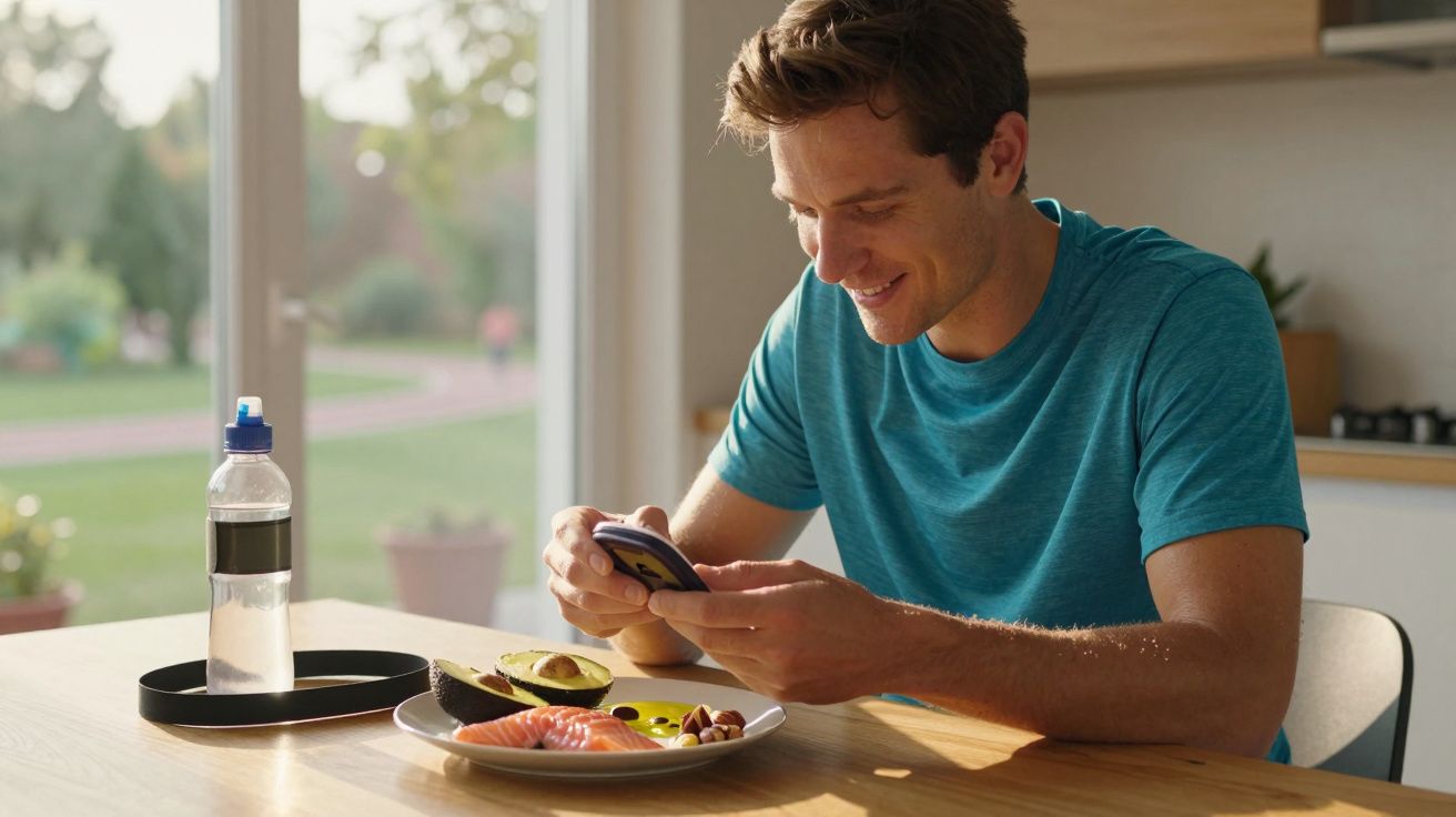 Bărbat zâmbitor într-o cămașă albastră în fața unei farfurii cu avocado, somon și nuci, folosind telefonul.
