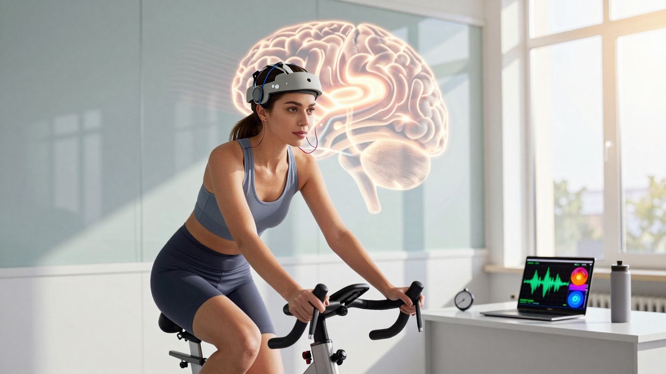 Femeie pe bicicletă staționară cu cască EEG, monitorizând activitatea creierului într-o cameră luminoasă.