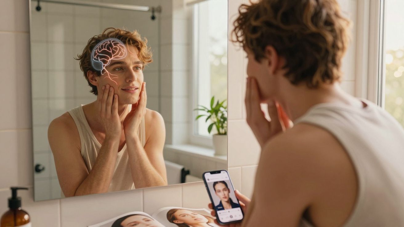 Bărbat tânăr se uită în oglindă în baie, ținând telefon cu aplicație de analiză facială, creier ilustrat digital pe cap.