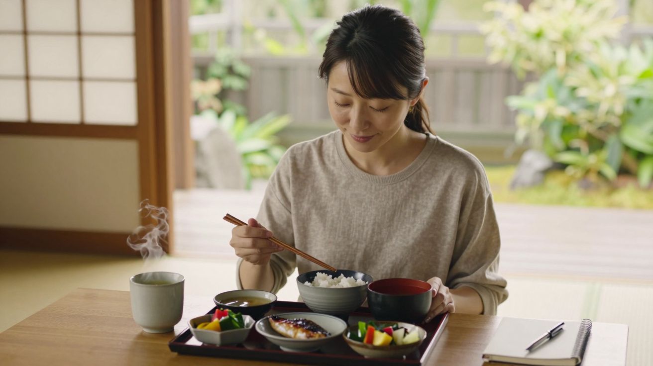 Femeie care mănâncă o masă tradițională japoneză cu orez, supă și legume, folosind bețișoare.
