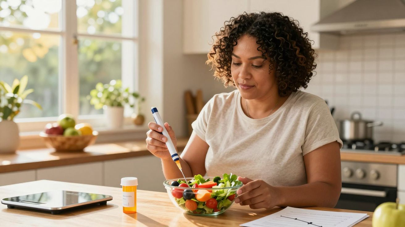 Femeie testând nivelul zahărului în salata cu legume într-o bucătărie luminoasă.