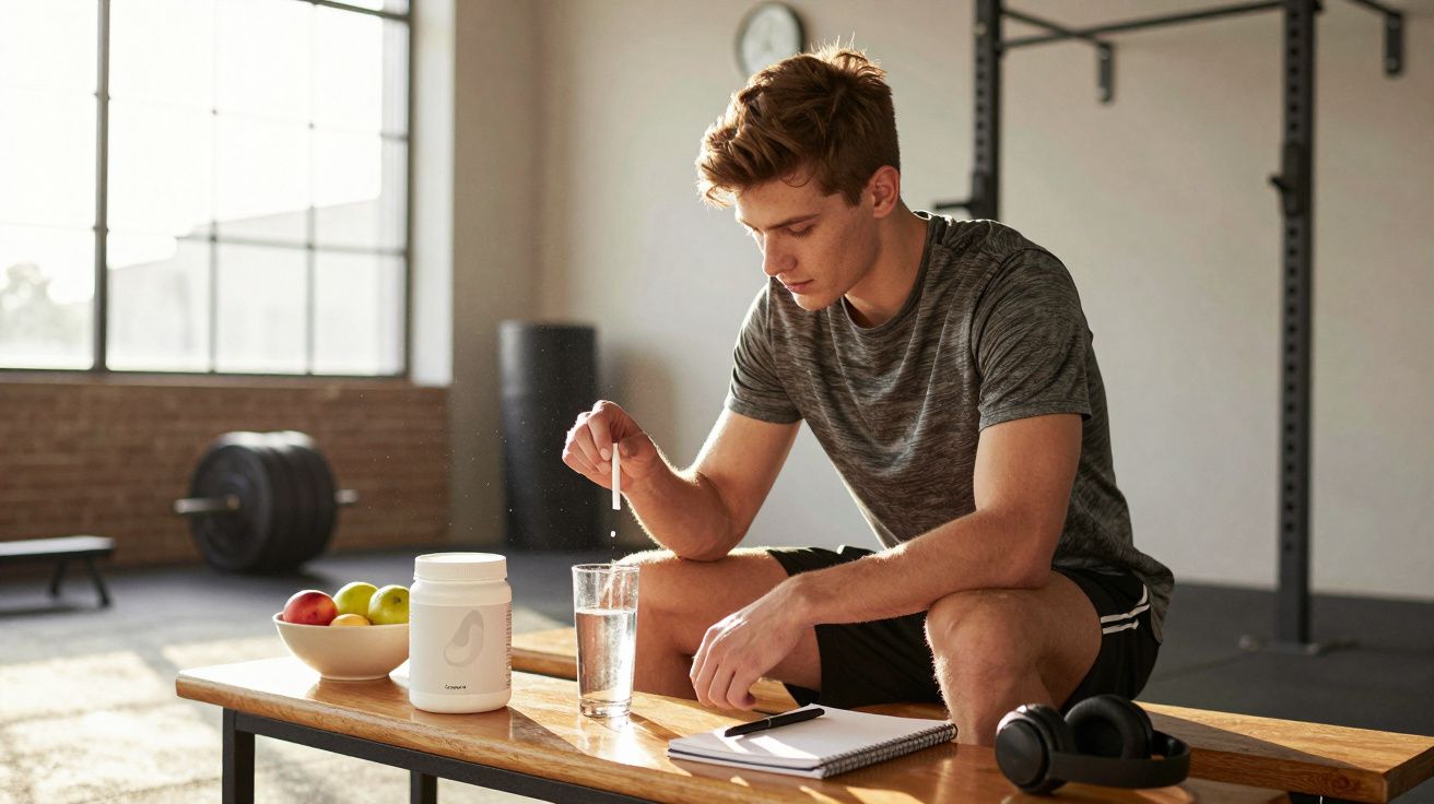 Bărbat tânăr într-o sală de sport ia supliment cu apă, lângă fructe, carnet și căști pe bancă.