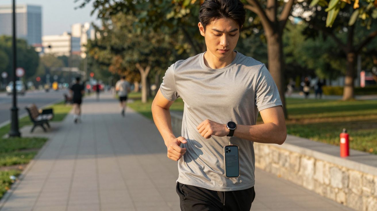 Bărbat tânăr aleargă în parc, poartă tricou gri și verifică ceasul inteligent la încheietură.