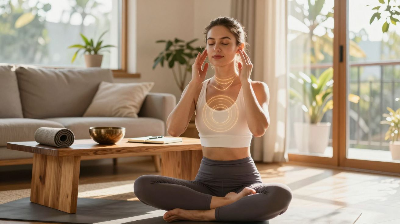 Femeie meditează și practică yoga în living luminos, în poziție lotus, în jur plante și mobilier modern din lemn.