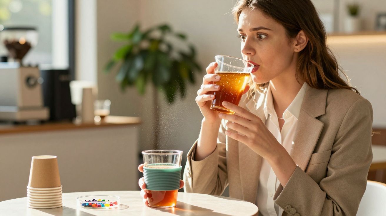 Femeie la masă care bea un ceai dintr-un pahar de plastic, ținând în cealaltă mână un alt pahar cu ceai.