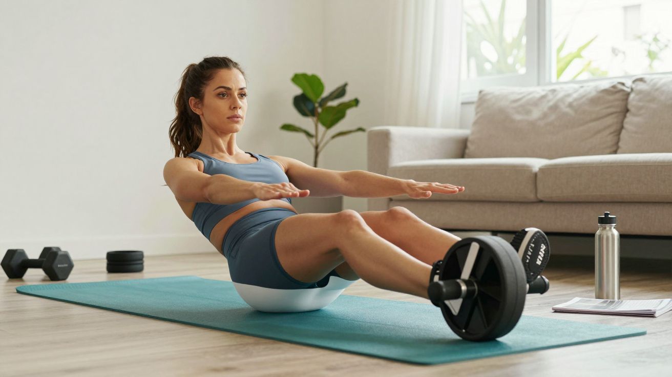 Femeie făcând exerciții cu roata de fitness pe saltea în camera de zi luminoasă acasă.