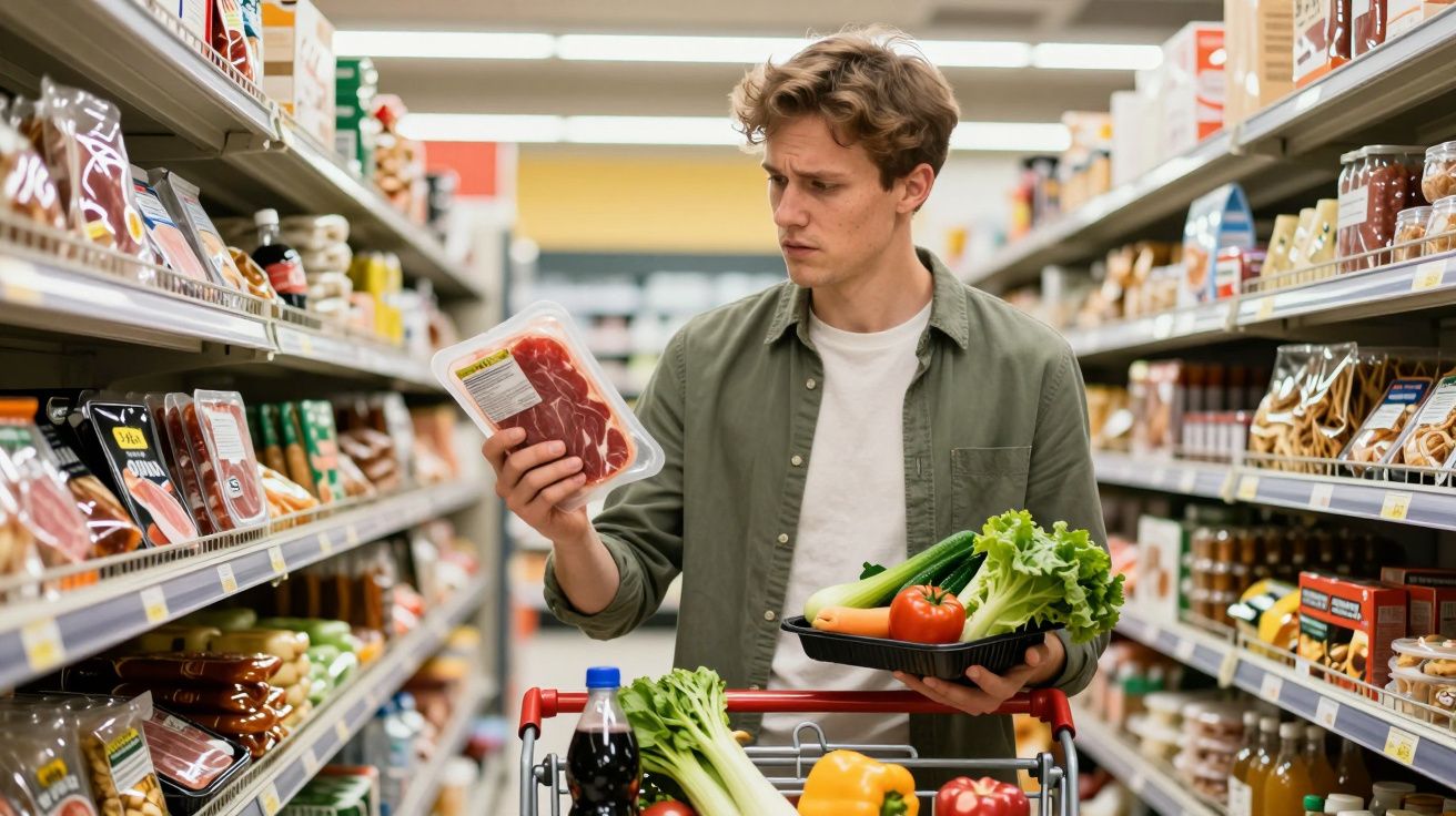 Bărbat care examinează o pachet de carne în supermarket, ținând legume proaspete în coșul de cumpărături.
