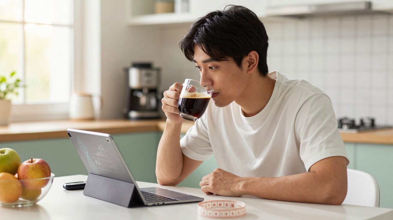 Bărbat tânăr care bea cafea și lucrează pe laptop într-o bucătărie luminoasă.