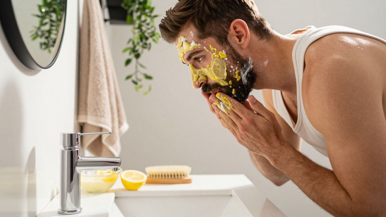 Bărbat aplicând mască facială cu felii de lămâie și produse cosmetice în baie modernă.