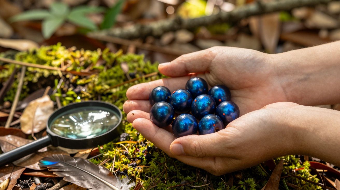 Mâini care țin struguri albastru închis pe o pătură de frunze și mușchi în natură.