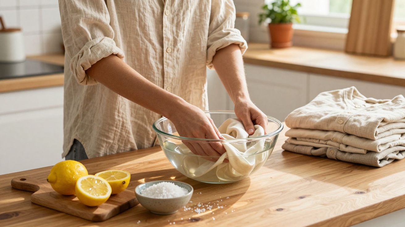 Persoană în cămașă bej spălând haine într-un bol cu apă pe o masă de lemn, lângă lămâi și sare.