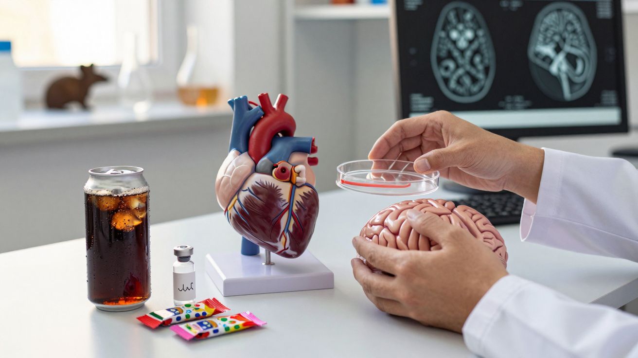 Mâini de medic cu model inimă și creier, alături de băutură carbogazoasă și ambalaje pe masă de laborator.