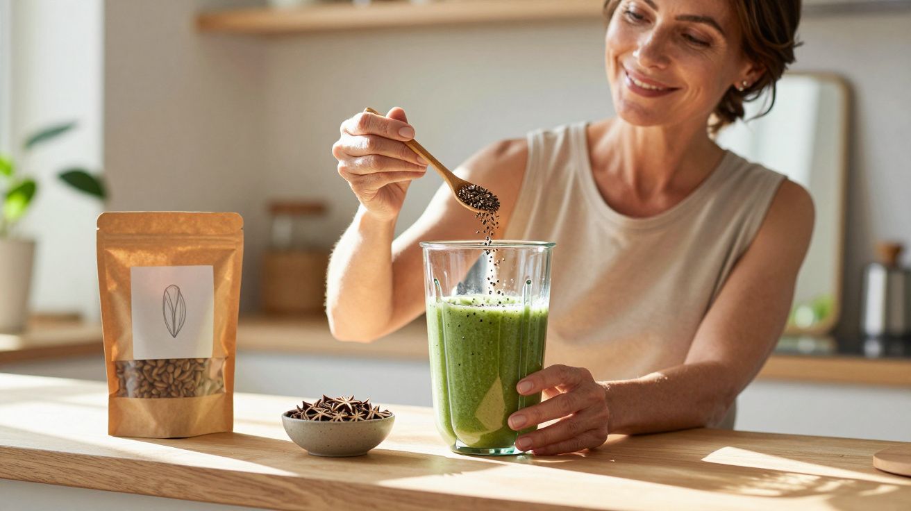 Femeie adăugând semințe într-un pahar cu smoothie verde, într-o bucătărie luminoasă și modernă.