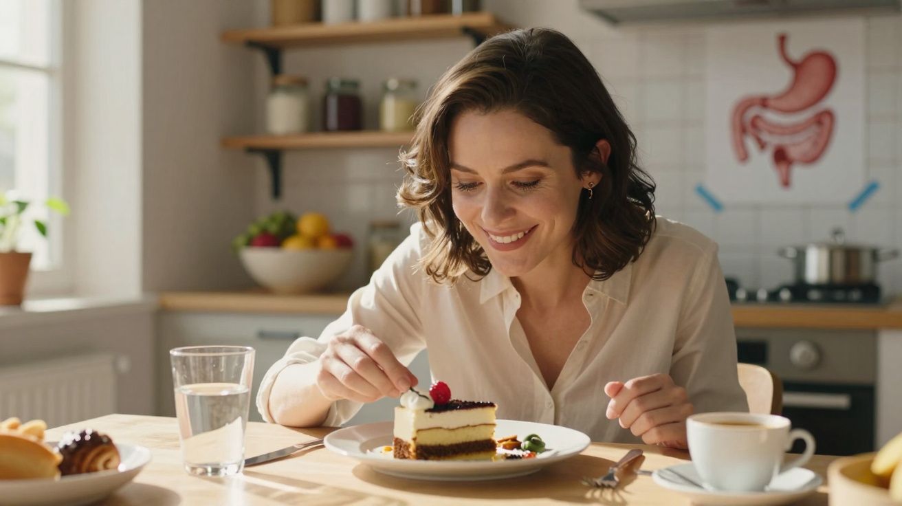 Femeie zâmbitoare care decorează o felie de tort cu fructe într-o bucătărie luminoasă.