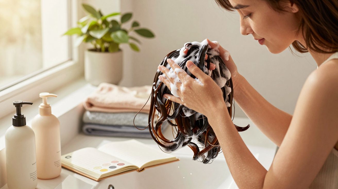Femeie spălându-și părul cu șampon în baie, lângă un prosop și produse de îngrijire.