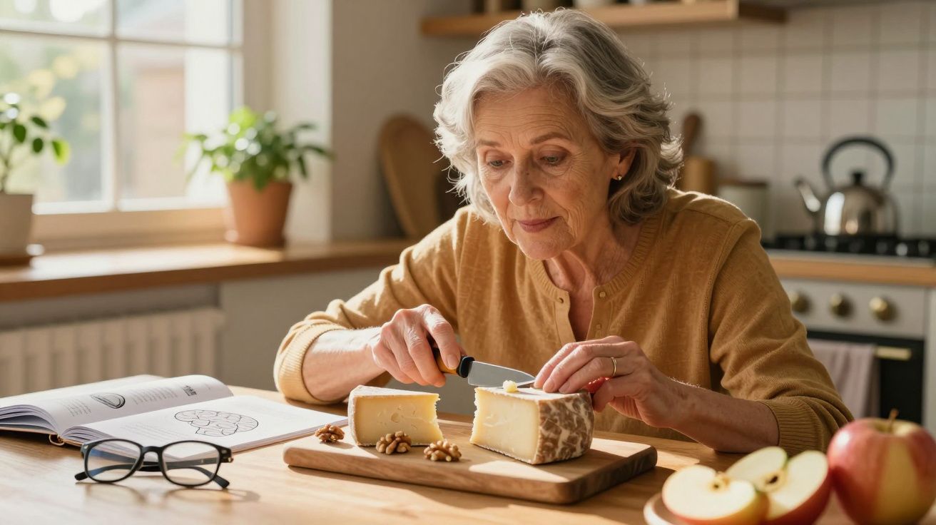 Femeie în vârstă în bucătărie tăind brânză pe o scândură, cu o carte și mere pe masă lângă ea.