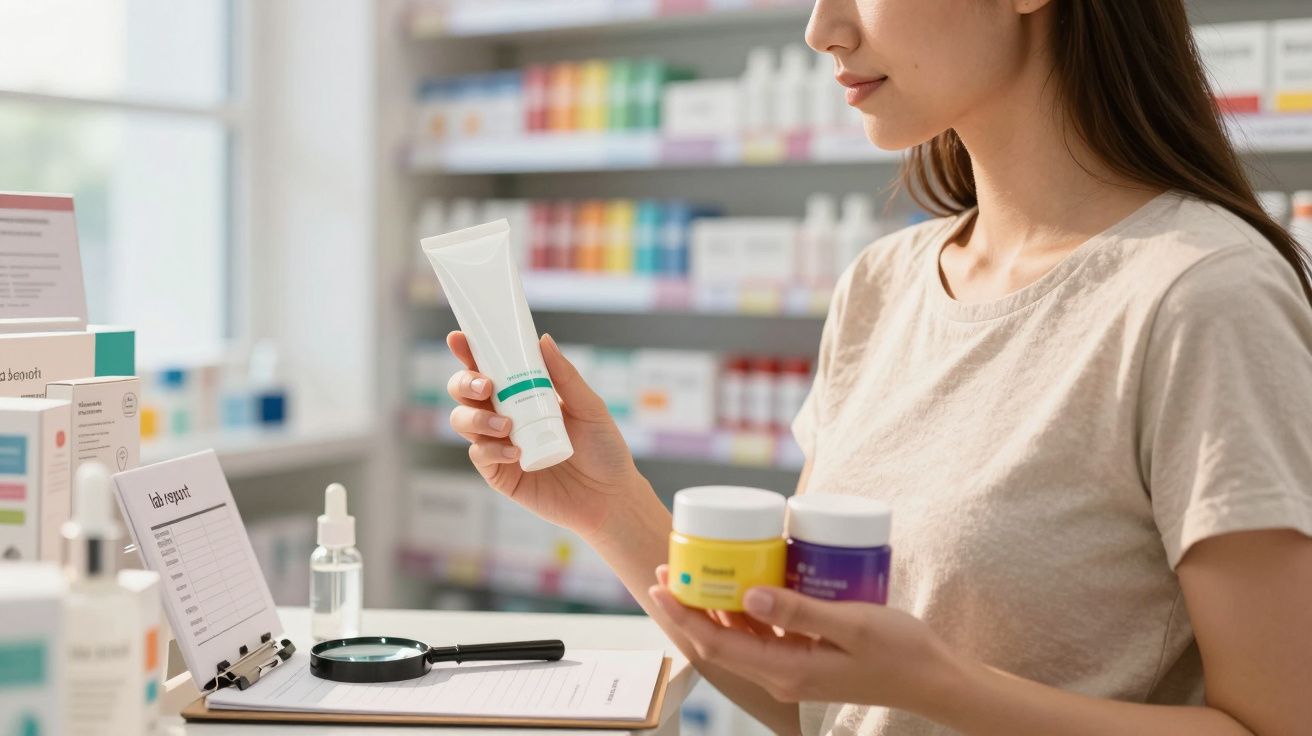 Femeie alegând produse cosmetice într-un magazin, ținând tub și borcane de creme lângă rafturi.