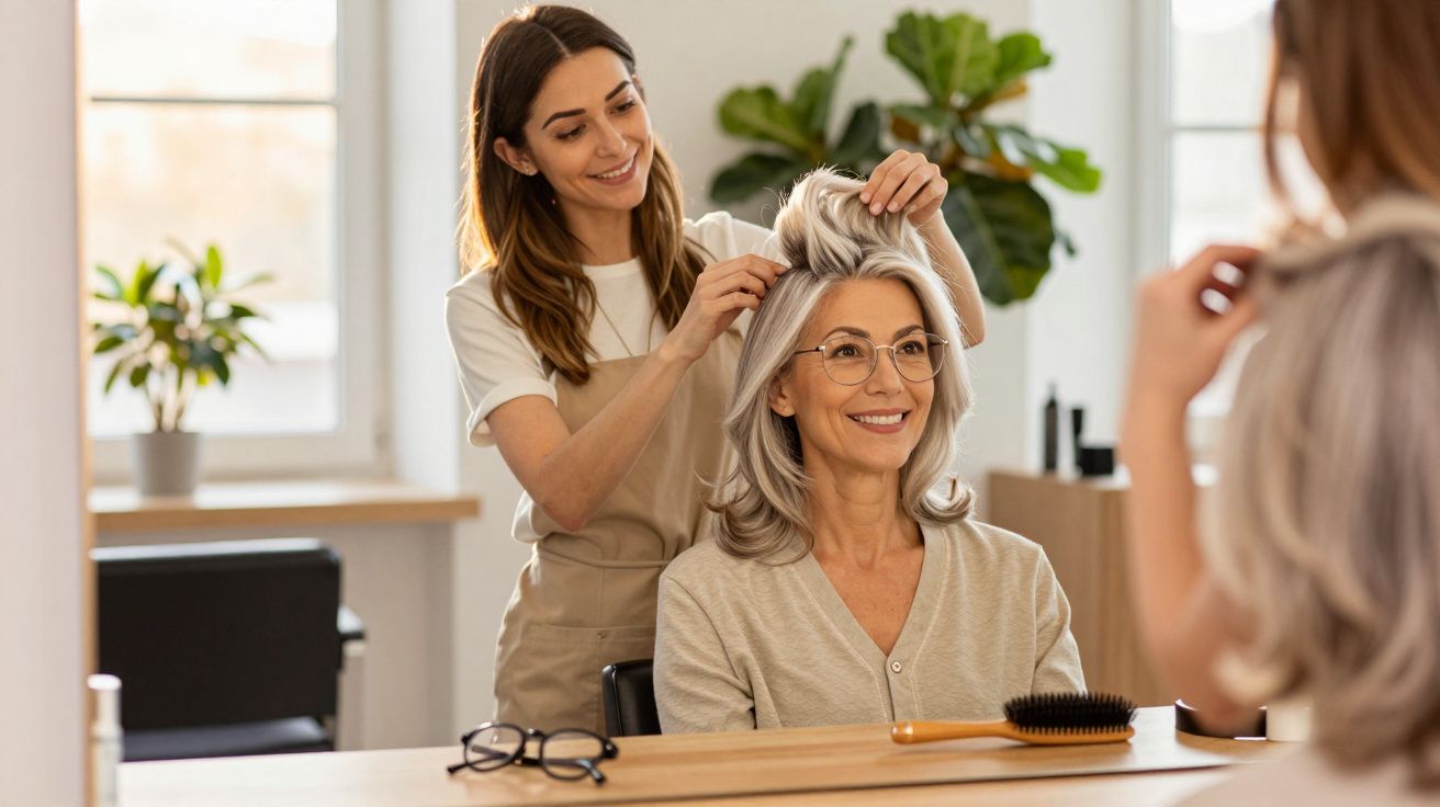 Stilistul coafează părul unei femei în vârstă ce poartă ochelari, în salonul luminos.