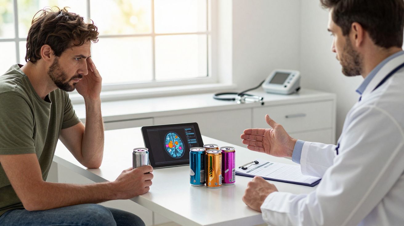 Bărbat discutând cu medicul despre efectele băuturilor energizante, cu imagine creier pe ecran tabletă.