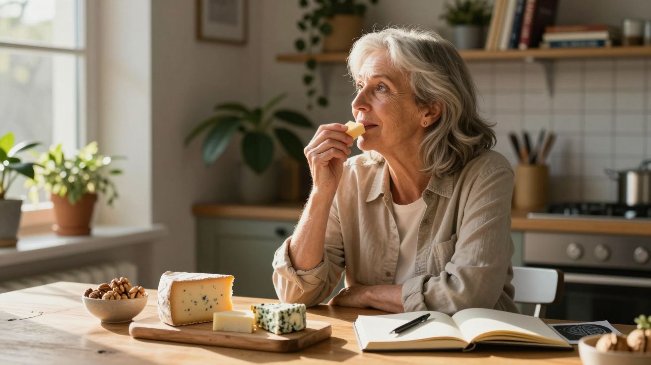 Femeie în vârstă mănâncă brânză la masă în bucătărie, cu carne, caiet și stilou lângă ea.