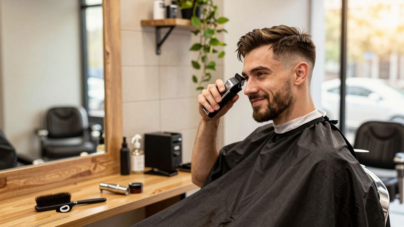 Bărbat tuns în oglindă cu mașină de tuns într-un salon modern de frizerie.