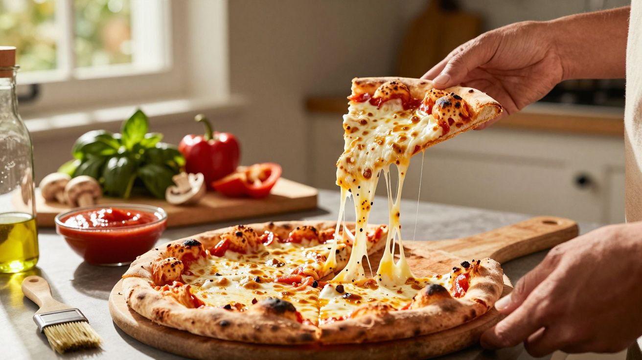 Felie de pizza cu brânză topită, ridicată deasupra unei pizza întregi pe fundal de bucătărie luminoasă.