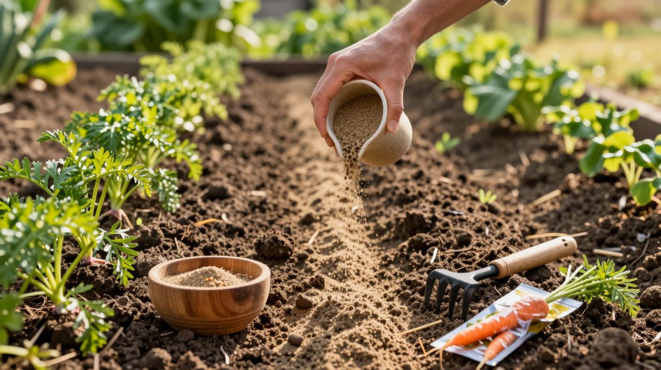 O mână presară semințe într-un rând pregătit pentru plantare, lângă un castron și unelte de grădinărit.