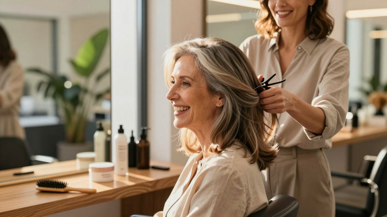 O femeie zâmbitoare la salon, stilistă aranjează părul scurt și gri al clienteiaând în oglindă.