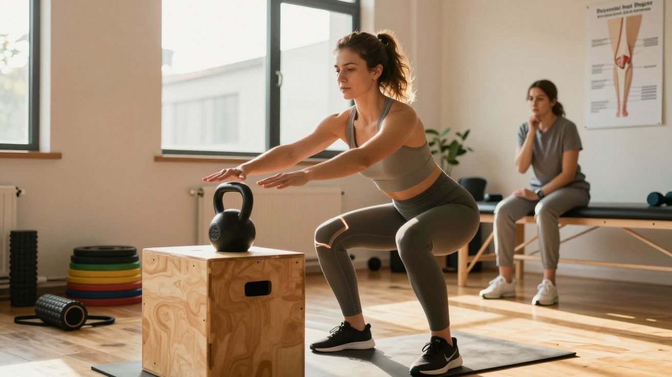 Femeie care face genuflexiuni lângă o kettlebell într-o sală de sport, cu antrenorul care o urmărește.