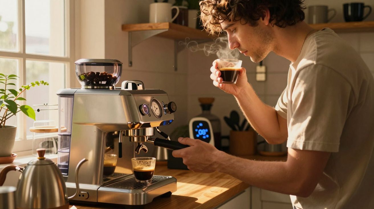 Bărbat preparând cafea espresso la o mașină de cafea în bucătărie luminoasă și modernă.