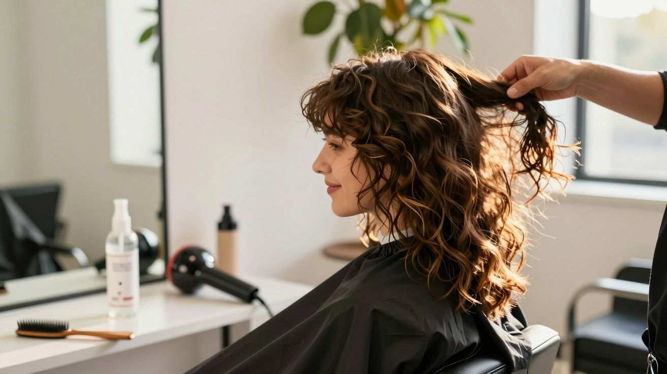 Femeie cu păr creț, primind coafură într-un salon de înfrumusețare, în timp ce stilistul îi ridică părul.
