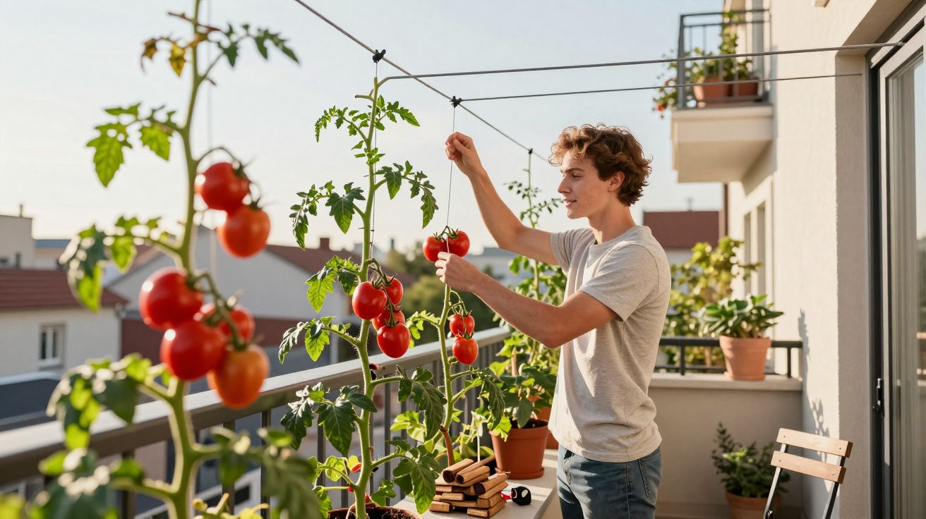 Bărbat tânăr îngrijind plante de roșii care cresc pe balcon într-o zi însorită.