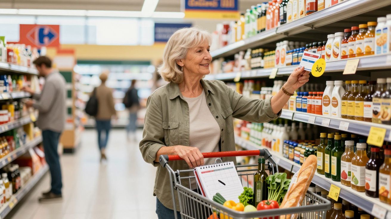 Femeie în vârstă alegând produse de pe raft în supermarket, cu coșul plin de legume și pâine.