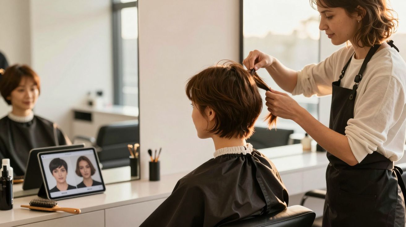 Frizeriță aranjând părul unei cliente în salon, cu tabletă ce afișează opțiuni de coafuri în fața oglinzii.