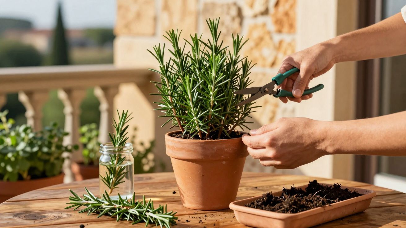 Persoană tunde o plantă de rozmarin într-o ghivac pe o masă de lemn pe balcon.