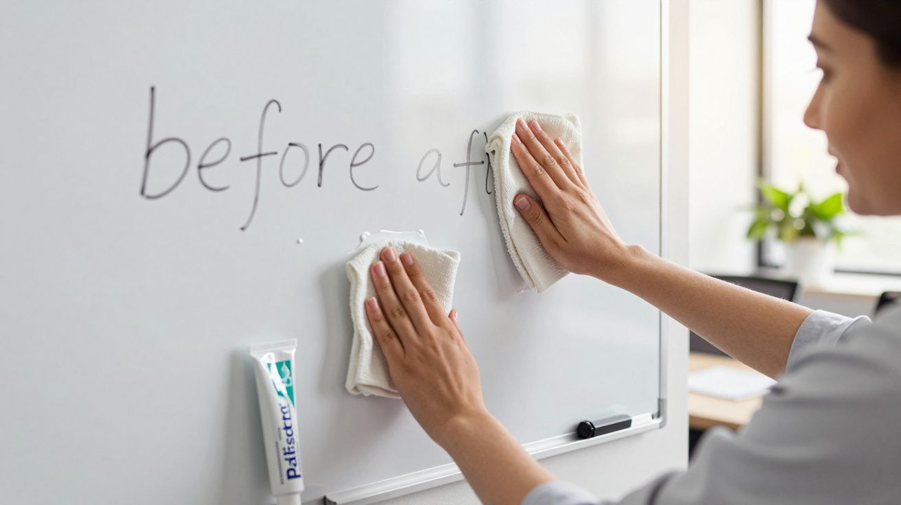 O femeie șterge cu două cârpe o tablă albă pe care este scris textul "before aft"