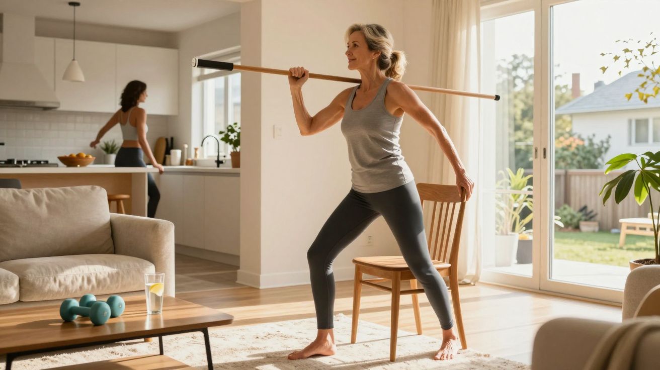 Femeie matură face exerciții cu băț lângă fereastra din living, altă persoană în bucătărie modernă.