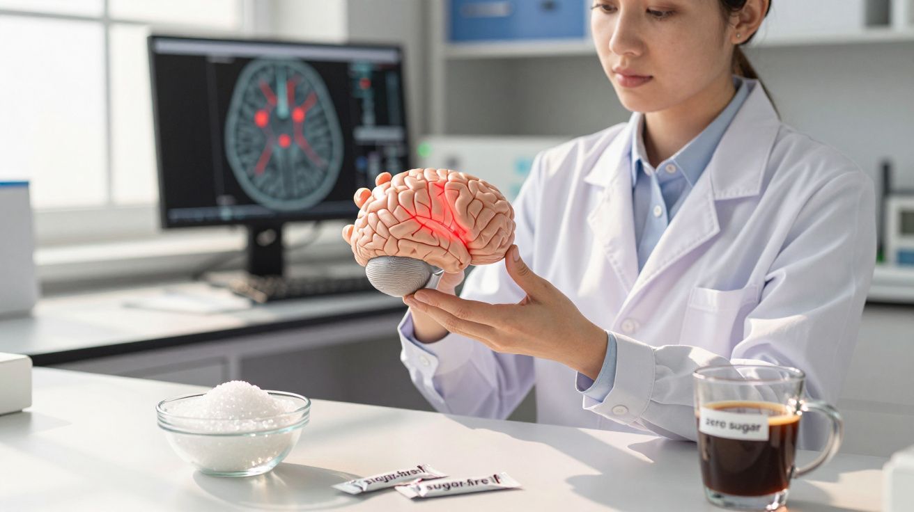 Medic ținând un model 3D al creierului, ilustrând conexiunea dintre zahăr și sănătatea cerebrală.