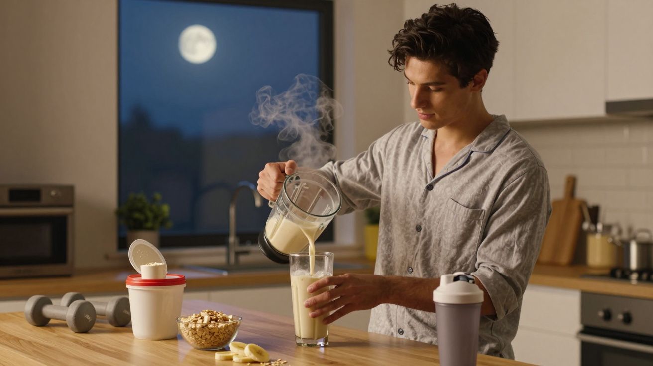 Bărbat care toarnă un shake proteic fierbinte în pahar într-o bucătărie modernă noaptea.