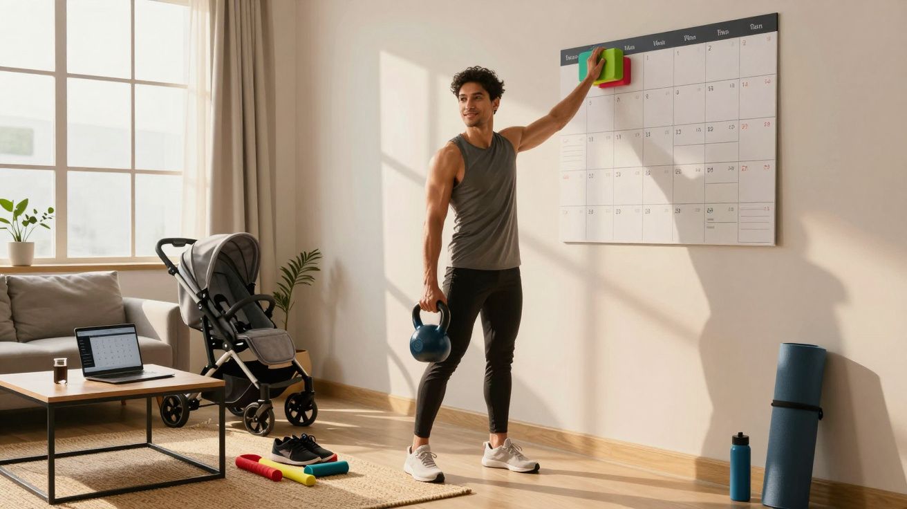 Bărbat în haine sportive făcând exerciții cu gantera într-o cameră luminoasă cu calendar mare pe perete.