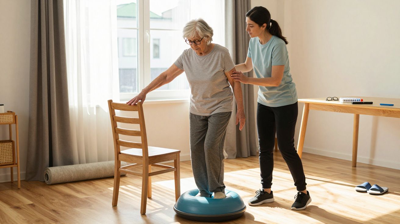 Femeie în vârstă echilibrându-se pe o platformă de fitness cu ajutorul unei asistente într-o cameră luminoasă.