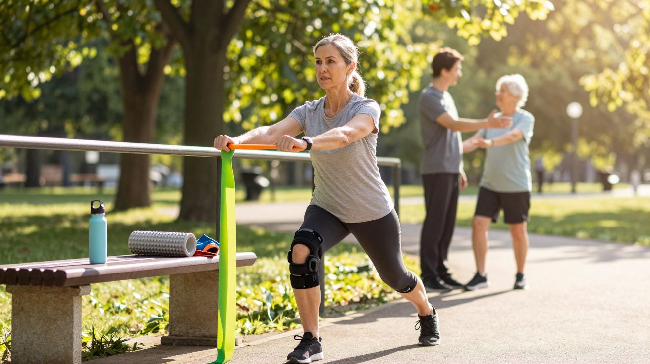 Femeie executând exerciții de întindere cu bandă elastică în parc, în timp ce un cuplu se antrenează în fundal.