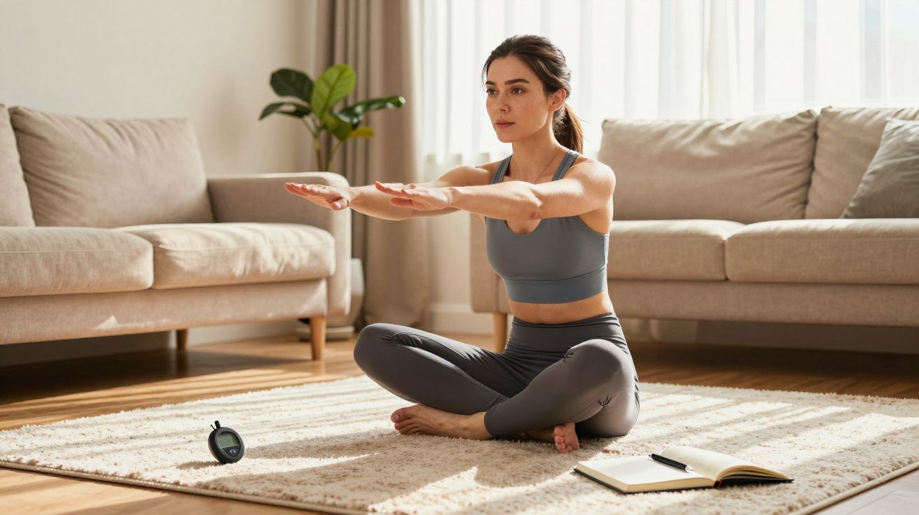 Femeie care face exerciții de yoga pe covor în living, cu ceas cronometru și caiet deschis lângă ea.